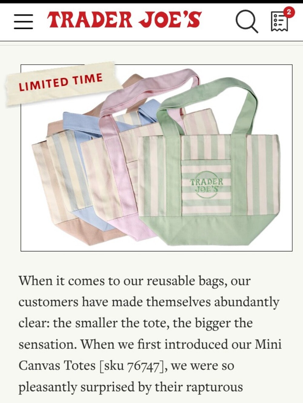 Two Trader Joe's Striped Mini Canvas Tote Bag - Picture 3 of 3